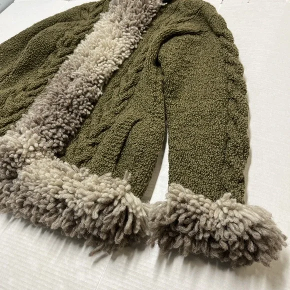 Mitmak Jacket Womens L Green Wool Cable‎ Knit Faux Fur Trim Hooded Indie Boho